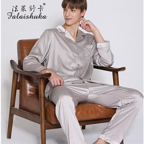 19 momme natural silk men sleepwear new Long sleeve pajama sets men Elegant fashion jacquard silk sleepwear men T9087