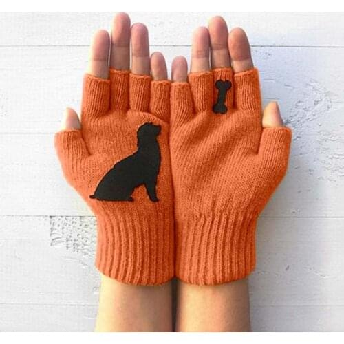 Women Autumn Winter Outdoor Warm Cute Cartoon Puppy Bone Printing Fingerless Gloves Candy Color Half Finger Mittens