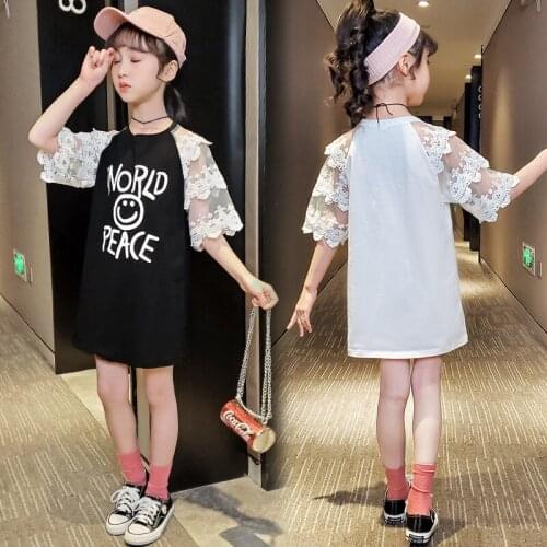 Girls T-shirt Dress 2020 New Summer Lace Sleeve Kids Dresses for Girl Letter Prints Cotton Toddler Teens Children Clothing