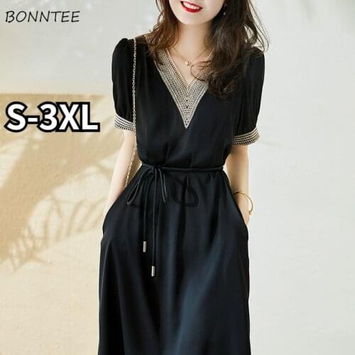 Dresses Women V-neck A-line Loose Comfortable Elegant Ladies Classy Girls Tender Female Fashion Casual All-match Lace Patchwork