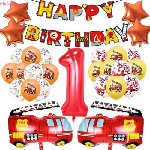 Fireman Theme Birthday Party Decor Fire Truck Foil Ballon Firefighter Wall Hanging Banners Latex Ball Birthday Party Supplies