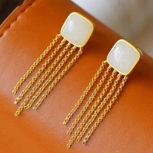 Simple Back Natural Hetian Earrings Long S925 Sterling Silver Gilding Tassel Earrings Simple Elegant Goddess Temperament Earring