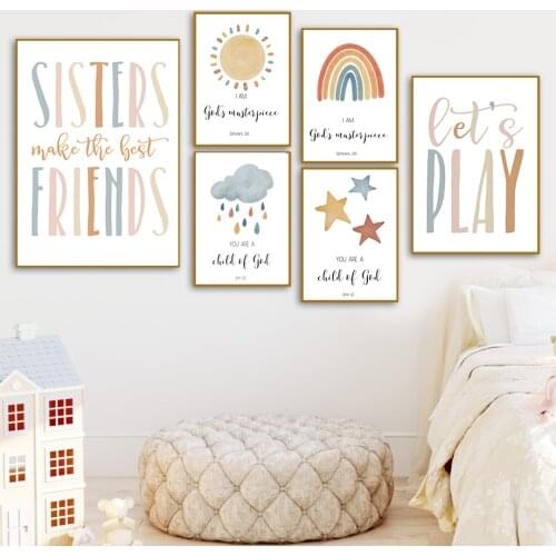 Rainbow Sun Cloud Star Custom Name Boho Wall Art Canvas Painting Nordic Posters And Prints Wall Pictures Kids Baby Room Decor