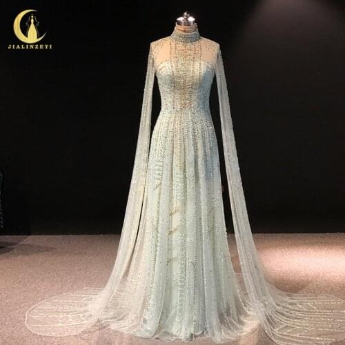 Rhine real Pictures Zuhair Murad Big Long Sleeves Light Green With Gold Pagoda Sleeves robe de soiré evening dressese de mariage