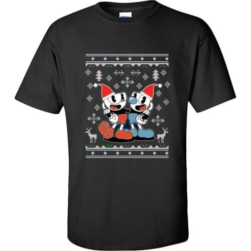 Cuphead Christmas Sweatshirt Printed Tshirts Funny Game Happy New Year Elk T Shirt Men Cotton Short Sleeve Casual Sweatshirts