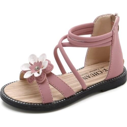 Girls Sandals Summer Shoes Cute Flower Roman Shoes Pink Green Pearl Beading Open-toe Kids Girls Beach Sandals Kids Shoes Zip