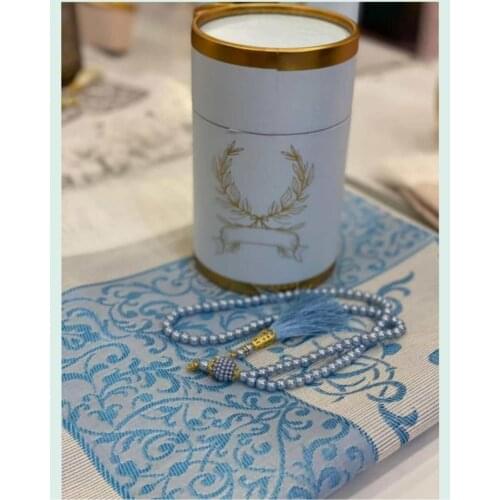 Blue Prayer Rug Set With Gift Box Luxury Taffeta Prayer Rug