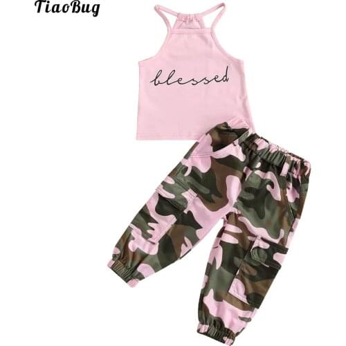 TiaoBug Toddler Baby Girls Summer Sport Clothes Set Sleeveless Letter Printed Vest Top With Camouflage Pants Outfit