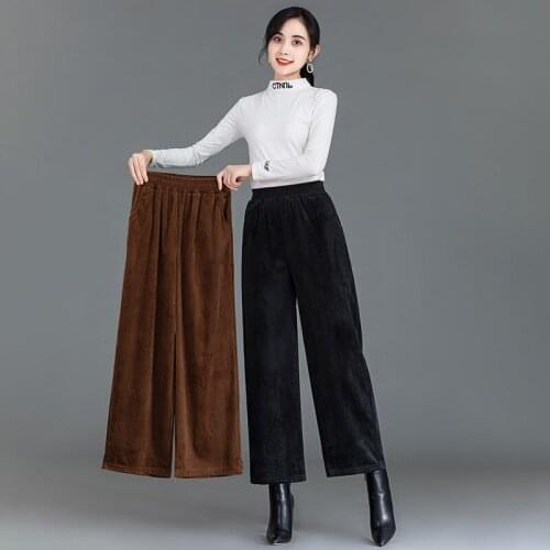 Corduroy Loose Straight Leg Pant Autumn High Waist Wide Leg Pants Women With Pockets Trousers Retro Long Pants Plus Size