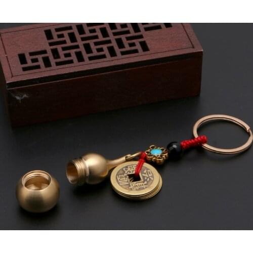 Wu Lou Key Chain Lucky Gourd Keychain with Feng Shui Coins Good Luck Prosperity Success Brass Calabash Pendant Keychain C1FE