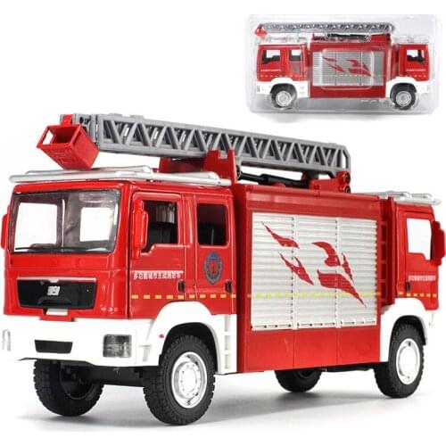 High simulation engineering vehicle,1:50 Double-headed fire truck, alloy sound and light pull back ladder water tanker model