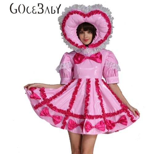 Adult Baby Sissy Maid PVC Lockable Pink Dress Uniform Cosplay Costume Crossdress