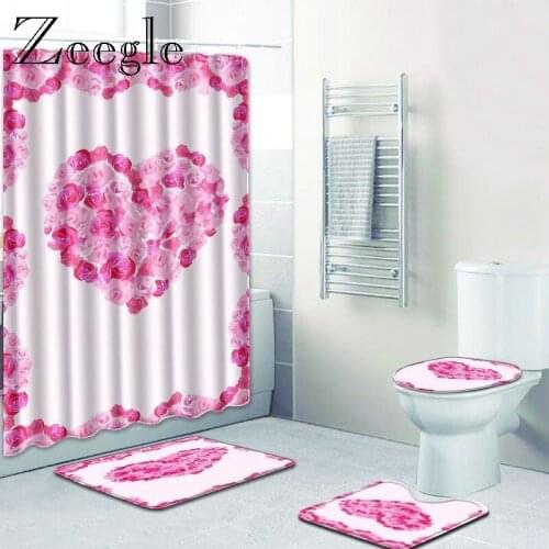 Zeegle Bathroom Bath Mat Shower Curtains Anti Slip Bath Floor Mat Toilet Seat Cover Kit Washable Curtain Kit Bathroom Carpets