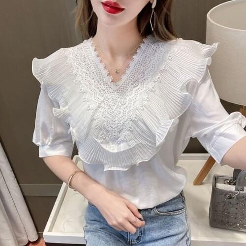 Women Blouse 2021 Ruffled V-neck Flounce Womens Top Blusas Mujer De Moda