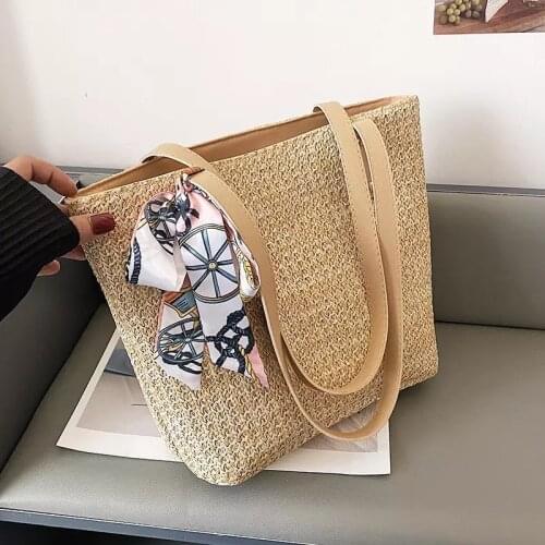 Ladies Summer Casual Straw Women Top-handle Handbag Vintage Silk Ribbon Large Capacity Shoulder Underarm Shoulder Bags for Women