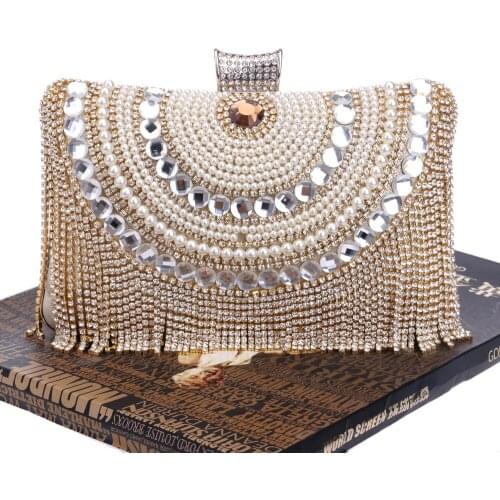 Rhinestone Tassel Dinner Handbags Women Luxury Beading Diamond Gold Evening Clutch Bags Fashion Ladies Wedding Party Purses New