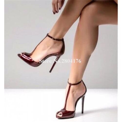 Women Fashion Style Peep Toe Patent Leather Stiletto Heel Pumps Wine Red T-strap High Heels Formal Dess Shoes