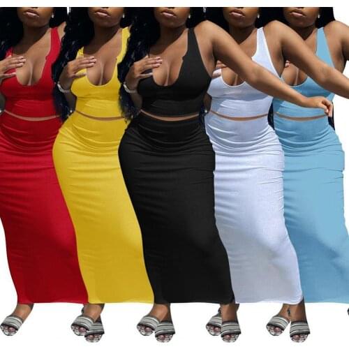 Summer Women Set Sexy U Neck Backless Outfit Suit Two Piece Set Maxi Skirt U Neck Crop Top Set Streetwear Party Clothes Set