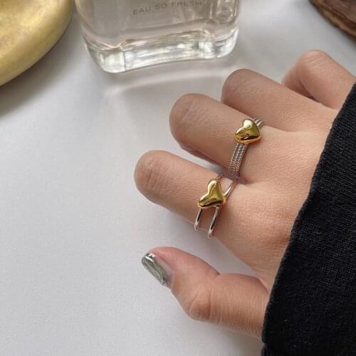 Silvology 925 Sterling Silver Two Color Glossy Heart Rings for Women Temperament Minimalist Korea Rings Ladies Stylish Jewelry