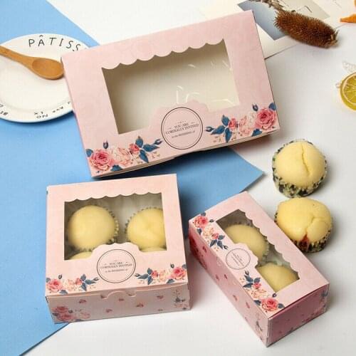 10pcs Pink Rose Windowed Cupcake Boxes 2/4/6 Cake Case For Party Wedding Three Sizes Food Packaging Paper Box
