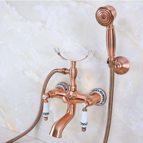 Antique Red Copper Wall Mounted Bathroom Tub Faucet Dual Ceramic Handles Telephone Style Hand Shower Clawfoot Tub Filler ana378