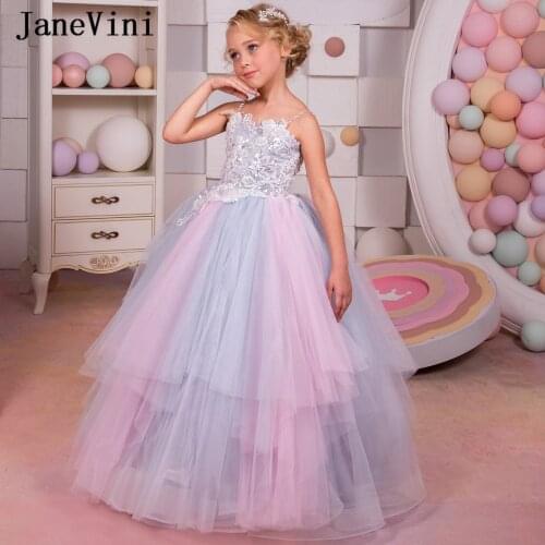 JaneVini Lovely Princess Ball Gown Flower Girl Dresses Spaghetti Straps Appliques Beaded Tulle Backless Little Girl Party Gowns