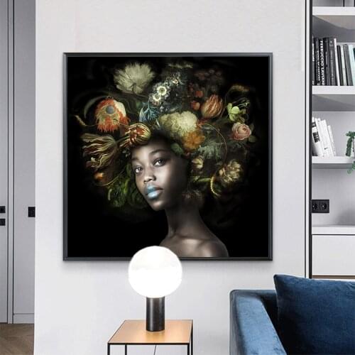 Black Woman With Flowers on Head Oil Paintings Print on Canvas Art Posters and Prints African Flower Woman Art Pictures Cuadros