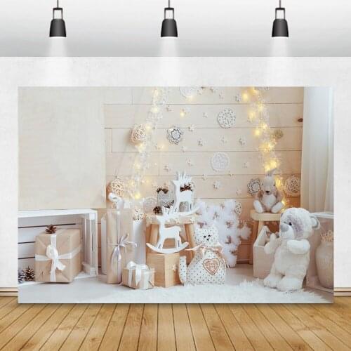 Baby Shower Photo Background Christmas Gifts Toys Bear Wooden Boards Photography Backdrop Child Portrait Family Photocall Poster