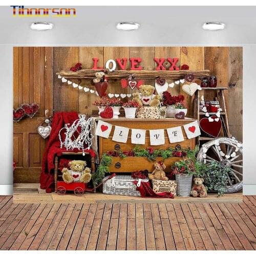 Valentines Day Photography Backdrops Wooden Wall Bear Love Heart Rose Flowers Backgrounds Photo Studio Booth Portrait Wallpaper