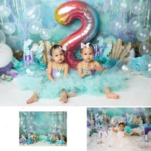 Mermaid Birthday Backdrop Princess Girl Cake Smash Photography Background Under The Sea Coral Balloons Decor Props Party Banner