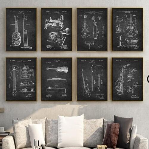 Guitar Musical Instruments Poster Canvas Painting Minimalist Picture Sketch Cutaway View Print Black and White Home Wall Decor