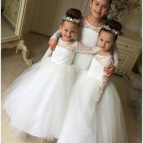 Cute 2021 White Ivory Lace Tulle Long Sleeves Princess Girls Ball Gown Flower Girl Dresses