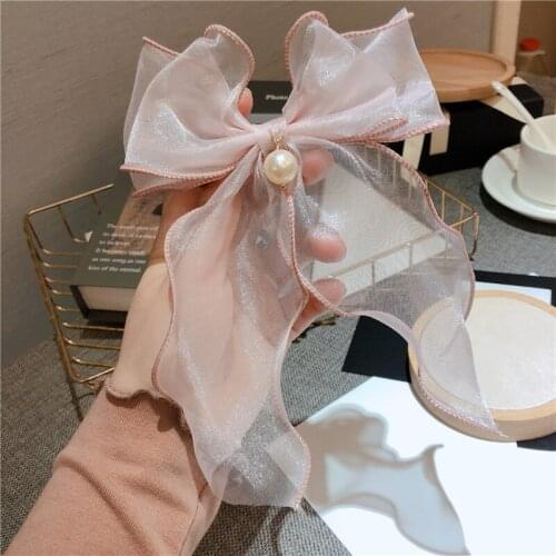Fashion Pearl Rhinestone Hair Clip Women Knotting Bow Chiffon Hairpin Headdress Solid Color Shiny Hair Accessories
