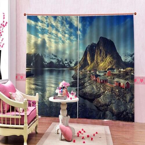 Custom 3D Lake House Decor Shower Curtain Set Snow Mountain Landscape with Grey sky Print For Living room bedroom
