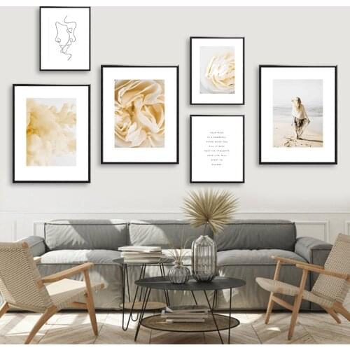 Rose Flower Line Girl Ocean Beach Quote Wall Art Canvas Painting Nordic Posters And Prints Wall Pictures For Living Room Decor