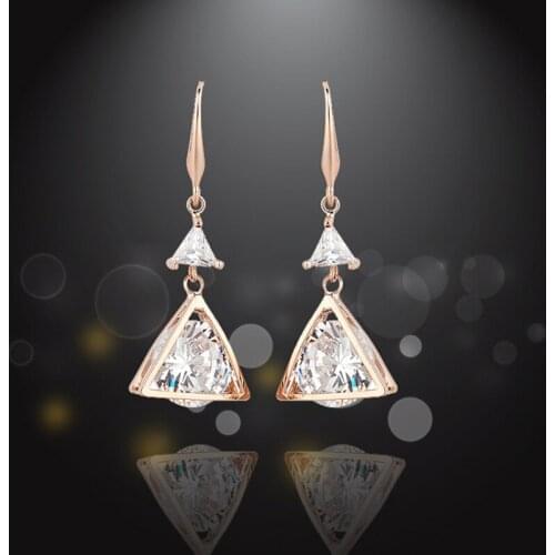 New Fashion Rose Gold triangle earrings white zircon drop long earrings High quality for Women Wedding earrings E1346