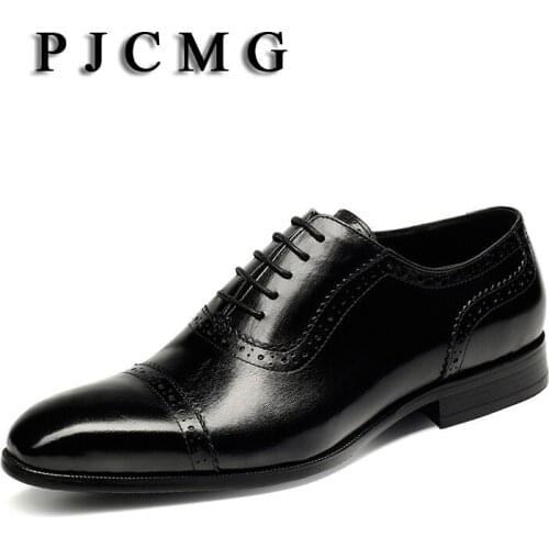 PJCMG New Breathable Mens Business Lace-Up Black/Wine Red Formal Carved Dress Genuine Leather Wedding Oxfords Office Shoes