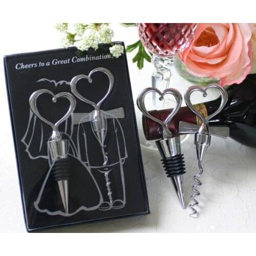 Cheers to a great combination wine stopper in White Box 50SET/LOT + Bride and groom bottle stopper Heart shape wedding favor
