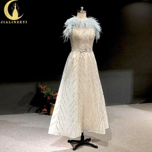 Rhine real Pictures Off The Shoulder Feathers Beads Tea Length שמלות ערב 2021 יוקרתיות robe de soiré evening dressese de mariage