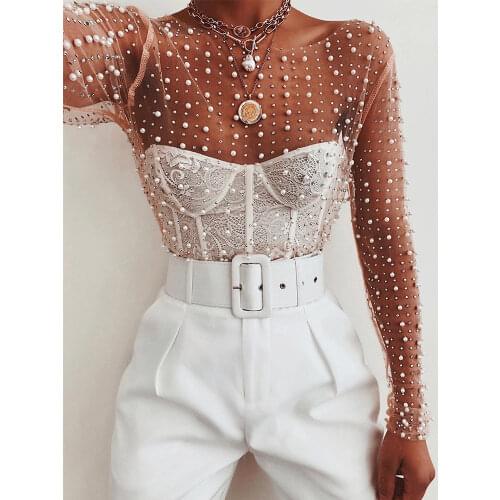 Gtpdpllt Sexy See Through T Shirt Women Mesh Patchwork Diamonds pearl Slim t-shirts Elegant Crop Tops Female 2020 Spring Clothes