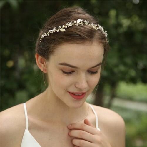 Light Gold Color Leaf Bridal Hair Vine Women Headband Crystal Headpiece Handmade Hair Piece For Wedding Prom