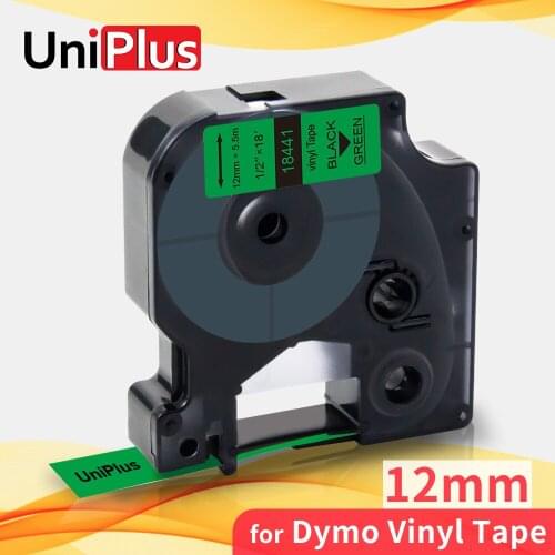 UniPlus 18441 Black on Green 12mm Vinyl Industrial Label Tape Compatible Dymo Ribbon Tape for Dymo Rhino 1000 3000 4200 5000