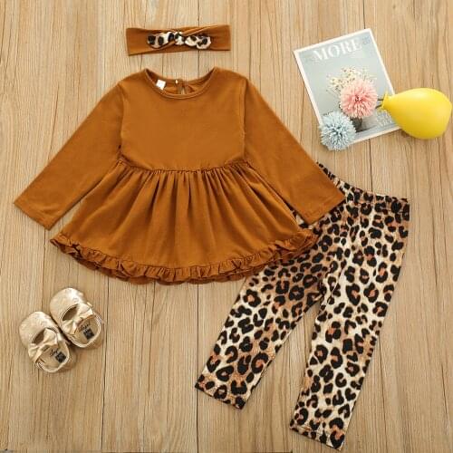Toddlers Girl’s Spring Clothes Suits Long-sleeved and Trousers Outfits Solid Color Ruffles T-shirt Leopard Long Pants Headband