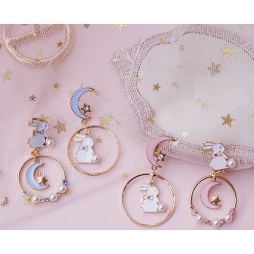 Japan Fashion Rabbit Moon Drop Earrings For Women Simple Romantic Sweet Asymmetry Pearl Ear Clip Jewelry Accessories