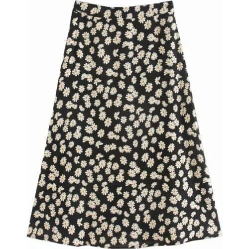 YENKYE Vintage Daisy Flower Print A-line Skirt Women Back Zipper High Waist Elegant Ladies Skirt Summer Midi Jupe