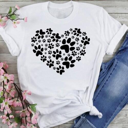 Women Sweet 90s Dog Paw Love Cute Style Cartoon Summer Fashion Print Short Sleeve Lovely Clothes Tops Tees Tshirt T-Shirt