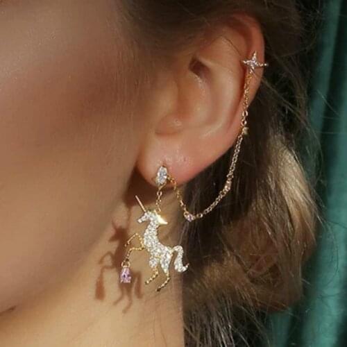 S925 Women Fashion Unicorn Tassel Earrings Long Gold Chain Ear Clip Korean Dangle Earrings Accesorios Aretes De Mujer 2021 Gift