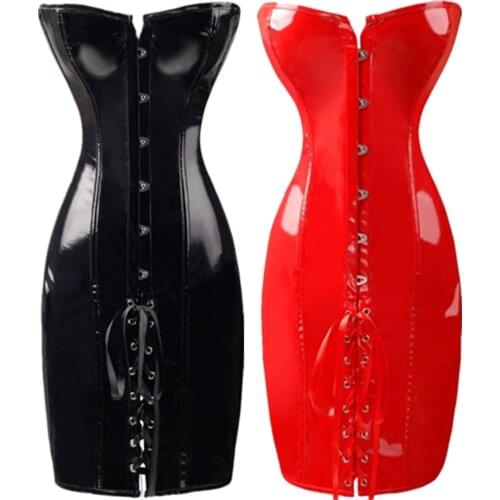 Steampunk Women Shiny PU Leather Overbust Long Corset Dress Waist Trainer Bustiers Corselet Sexy Deep V Neck Short Outdoor Wear