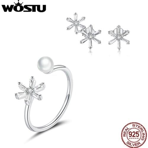 WOSTU 925 Sterling Silver Dazzling Snowflake Finger Rings and Earrings Jewelry Sets for Women Wedding Statement Jewelry Sets