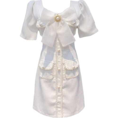 High Quality Summer New Fashion Small Fragrance Short-sleeved Beaded Bowknot High Waist Slim Temperament Ladies Dress